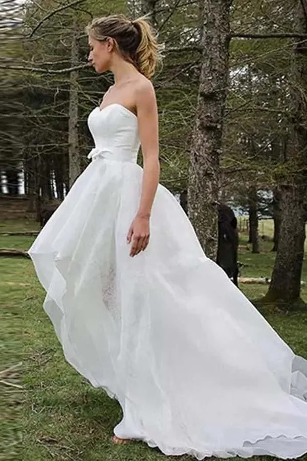 High Low Sweetheart Sleeveless Organza Applique Wedding Dress-715498