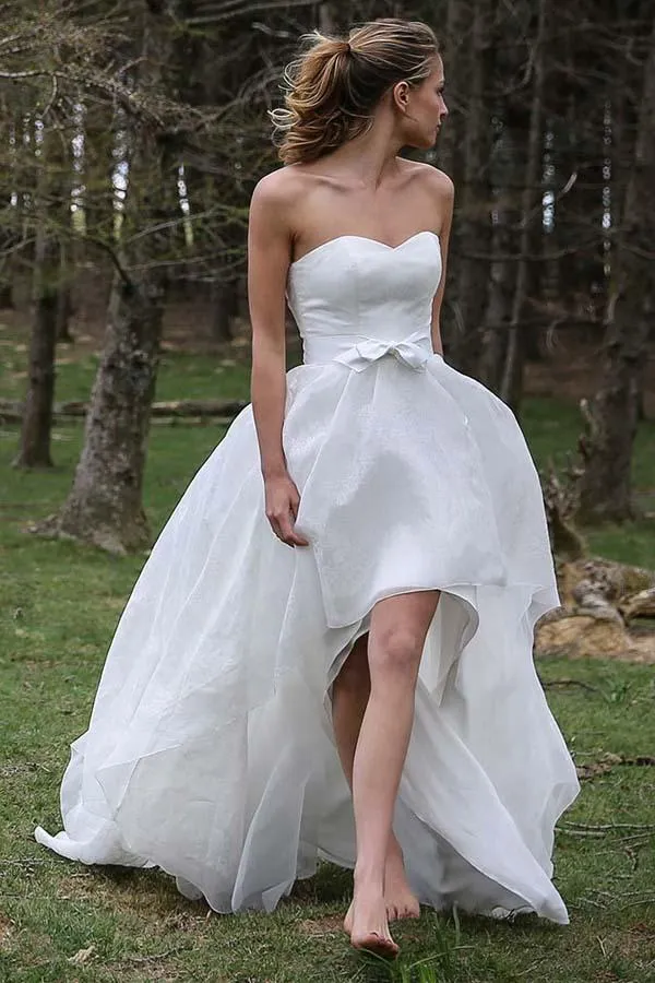 High Low Sweetheart Sleeveless Organza Applique Wedding Dress-715498