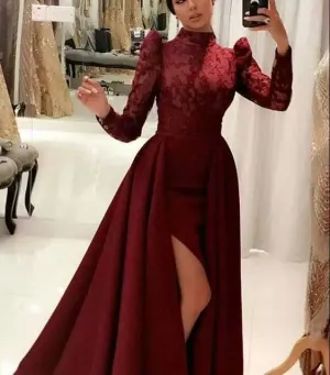 high neck evening dresses long sleeve Burgundy arabic elegant detachable skirt elegant evening gown