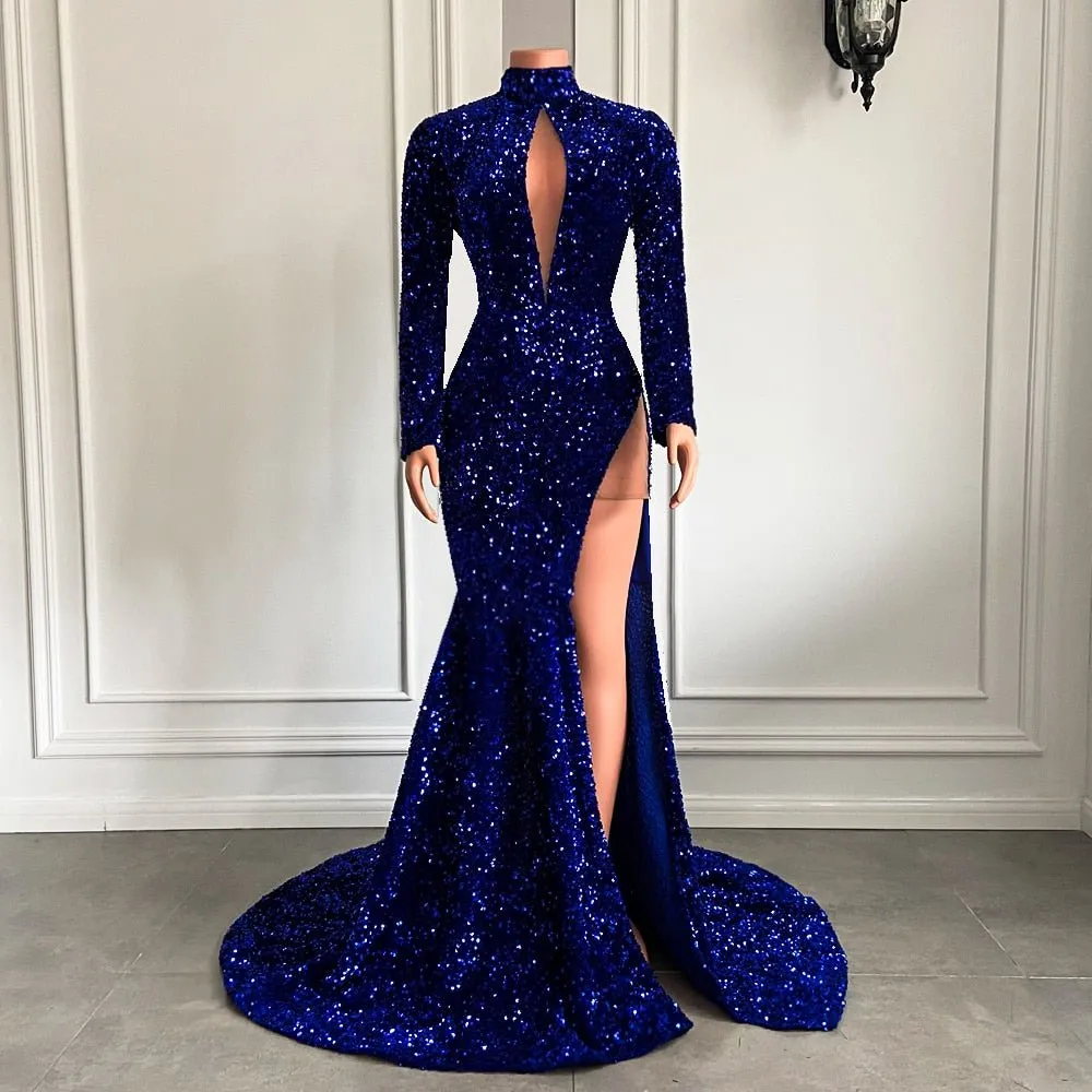 High Neck Side Slit Sparkly Royal Mermaid Prom Gala Party Gowns