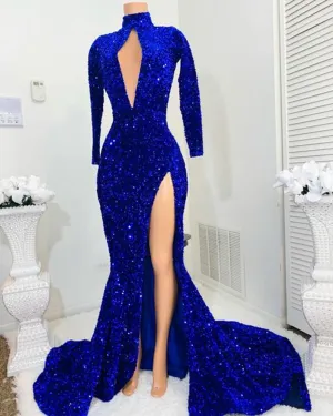 High Neck Side Slit Sparkly Royal Mermaid Prom Gala Party Gowns