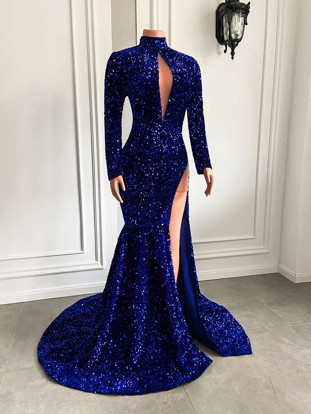 High Neck Side Slit Sparkly Royal Mermaid Prom Gala Party Gowns