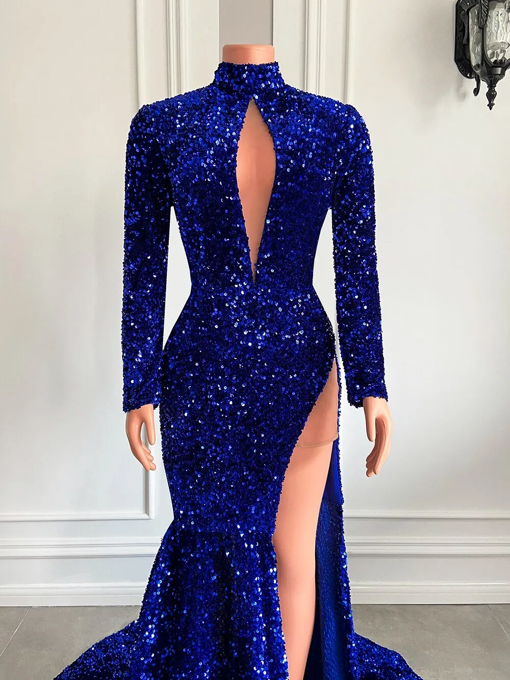 High Neck Side Slit Sparkly Royal Mermaid Prom Gala Party Gowns