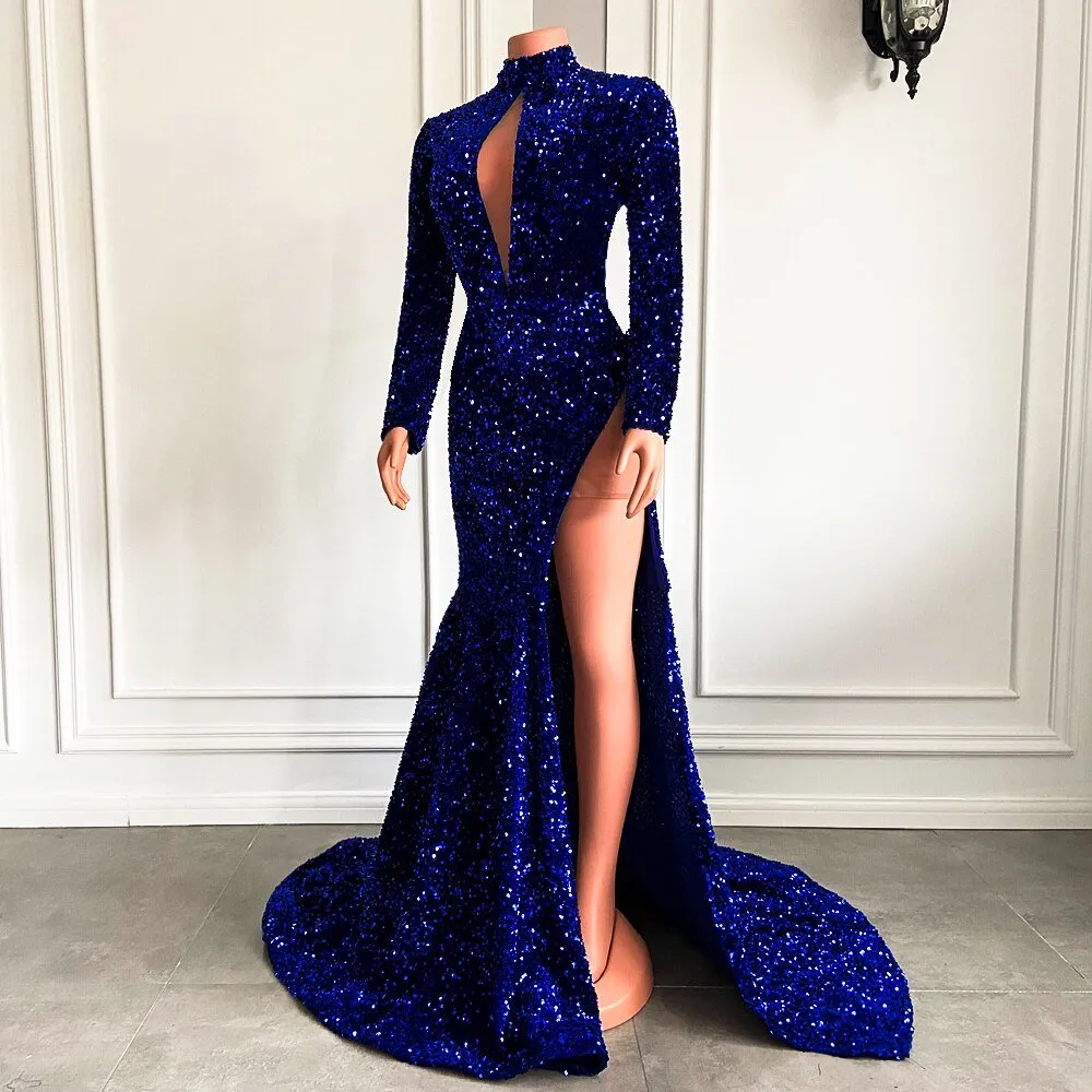 High Neck Side Slit Sparkly Royal Mermaid Prom Gala Party Gowns