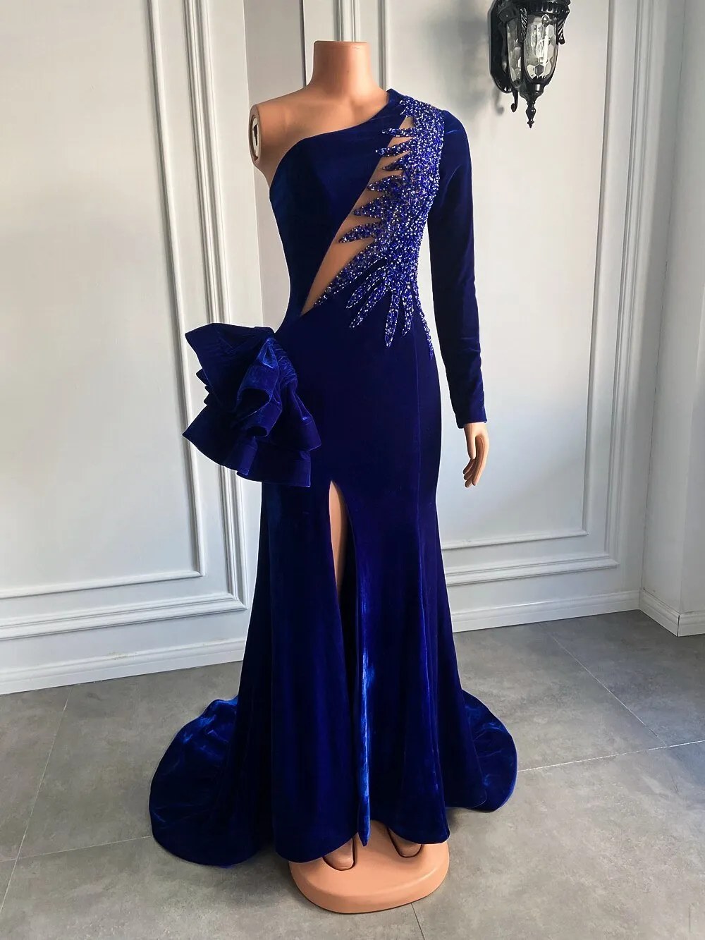 High Slit Royal Blue Velvet Girls Mermaid Prom Dresses 2022