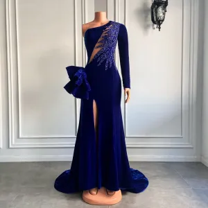 High Slit Royal Blue Velvet Girls Mermaid Prom Dresses 2022