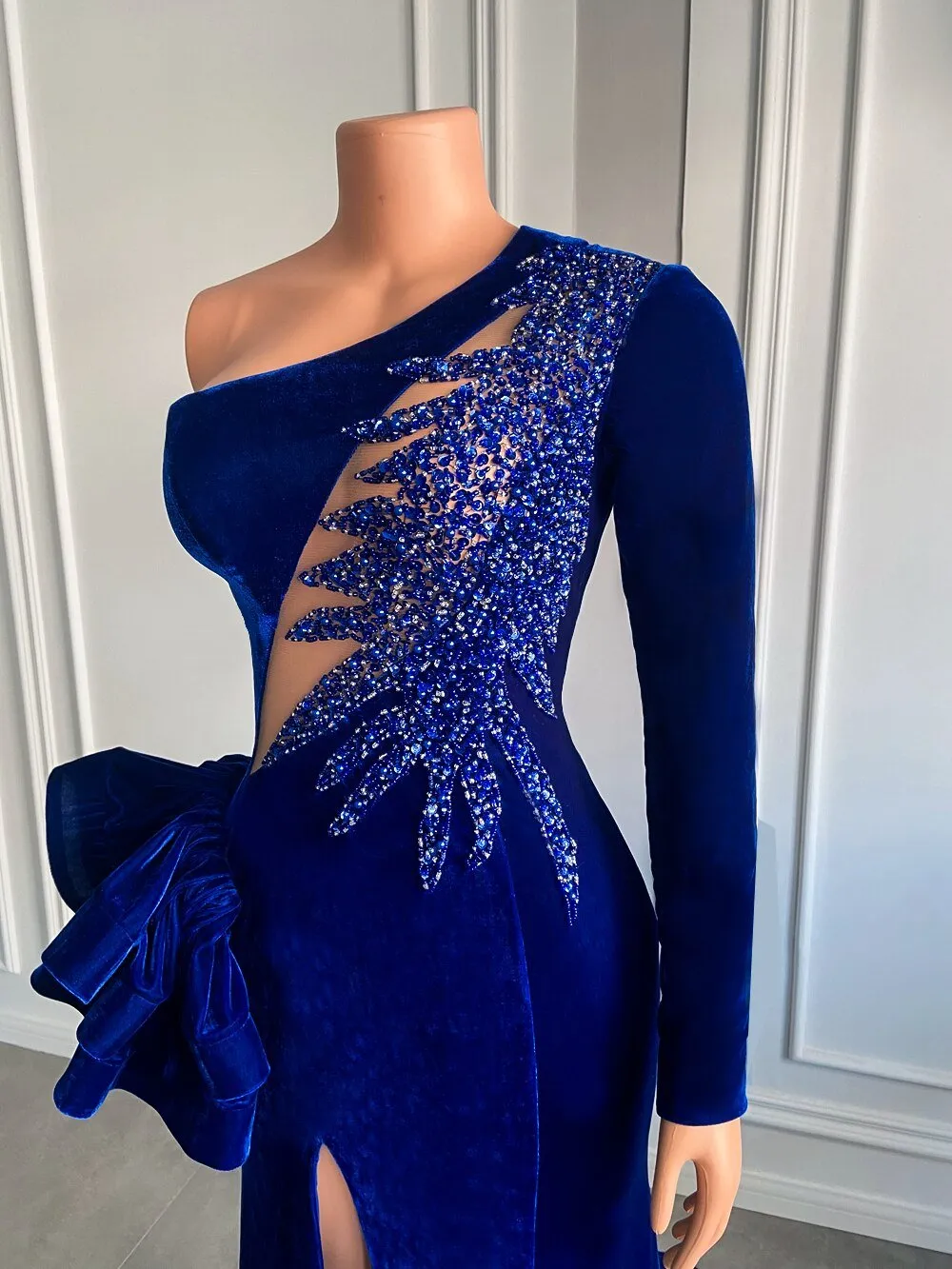 High Slit Royal Blue Velvet Girls Mermaid Prom Dresses 2022