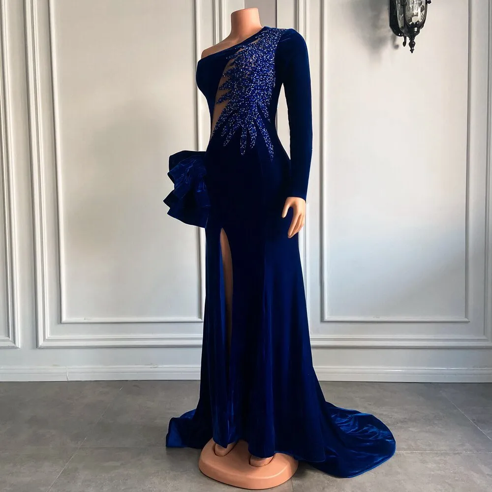 High Slit Royal Blue Velvet Girls Mermaid Prom Dresses 2022