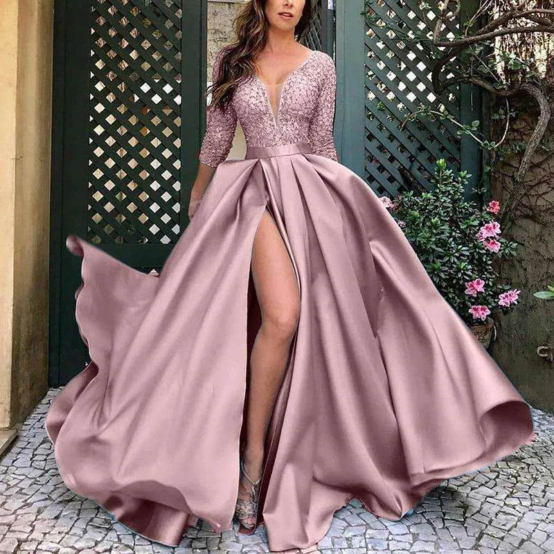 High Split Floor-Length Lace Long Gown