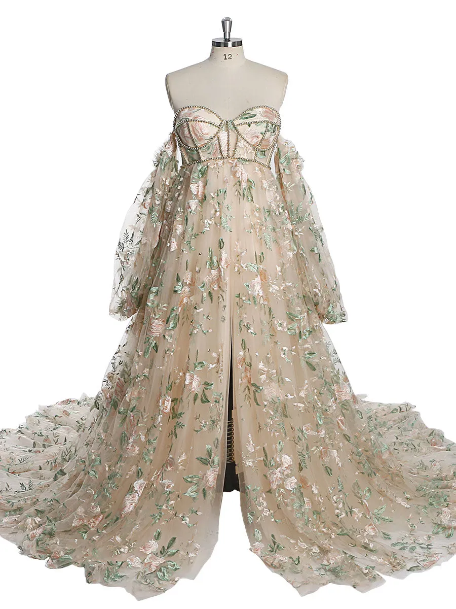 High Waist Maternity Dress for Photo Shoot Embroidery Tulle Long Sleeves Front Slit Maternity Gowns YW230306-1
