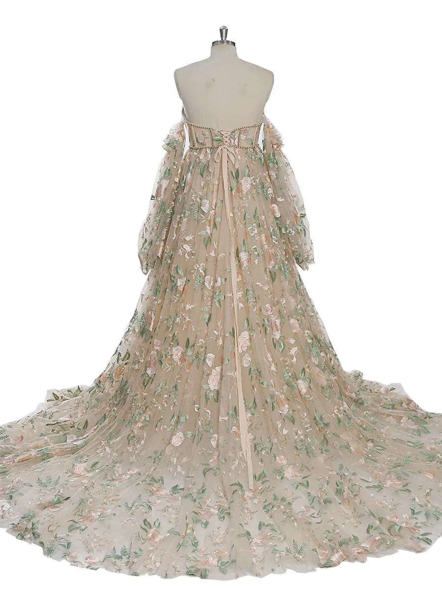 High Waist Maternity Dress for Photo Shoot Embroidery Tulle Long Sleeves Front Slit Maternity Gowns YW230306-1