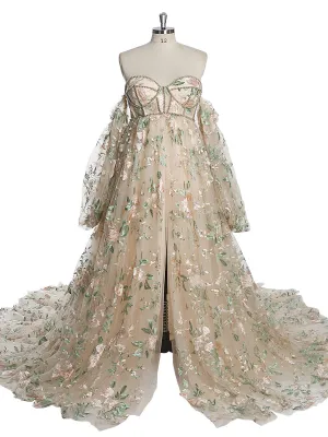 High Waist Maternity Dress for Photo Shoot Embroidery Tulle Long Sleeves Front Slit Maternity Gowns YW230306-1