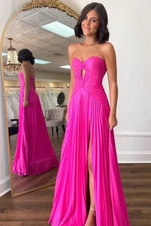 Hot Pink Chiffon A-line Strapless Keyhole Pleated Prom Dresses With Slit, MP929