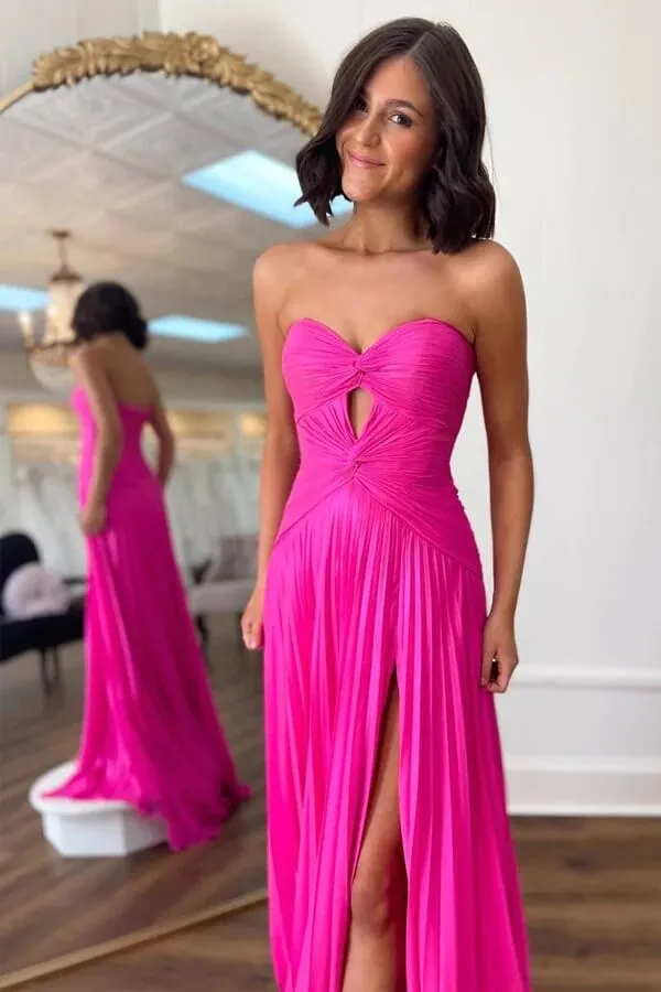 Hot Pink Chiffon A-line Strapless Keyhole Pleated Prom Dresses With Slit, MP929