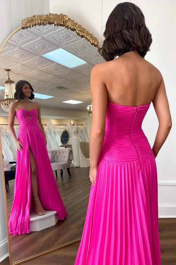 Hot Pink Chiffon A-line Strapless Keyhole Pleated Prom Dresses With Slit, MP929