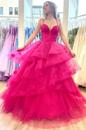 Hot Pink Tulle Tiered Sweetheart Prom Dresses With Lace Appliques, MP1004