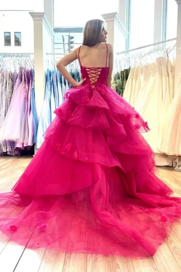 Hot Pink Tulle Tiered Sweetheart Prom Dresses With Lace Appliques, MP1004