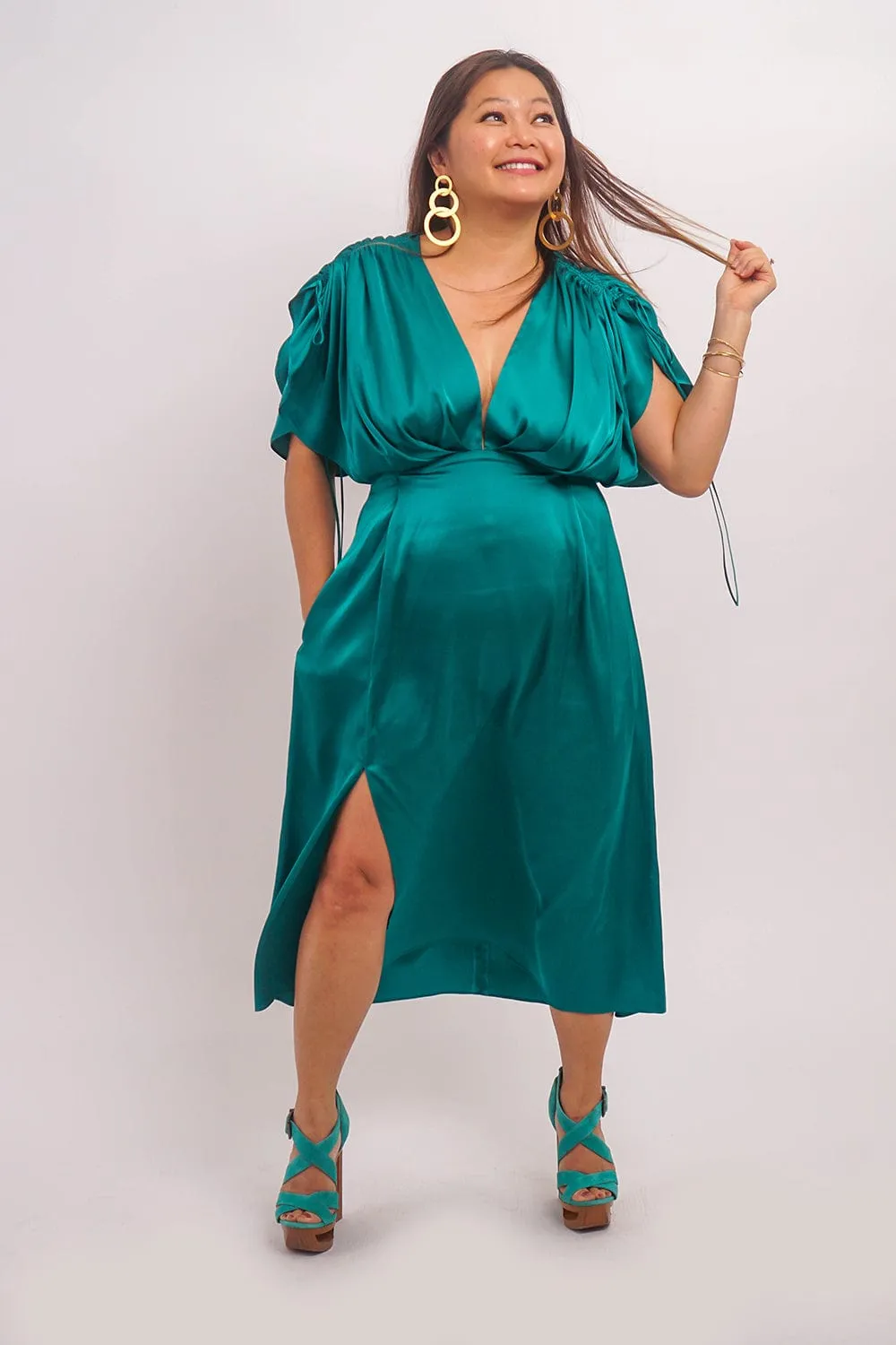 Hunter Green Satin Kasumi Midi Dress