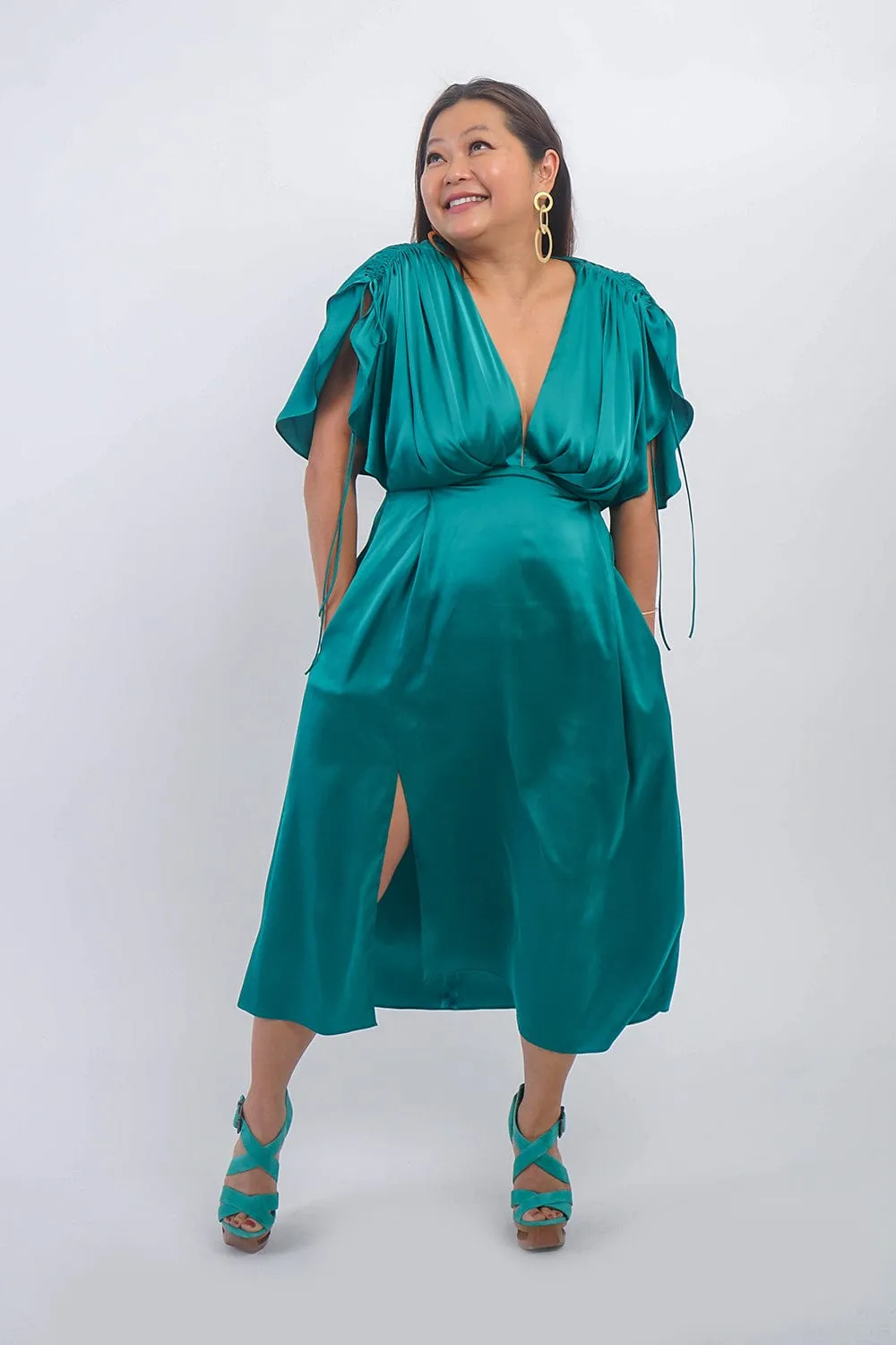 Hunter Green Satin Kasumi Midi Dress