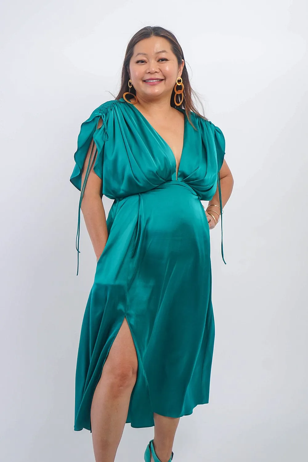 Hunter Green Satin Kasumi Midi Dress
