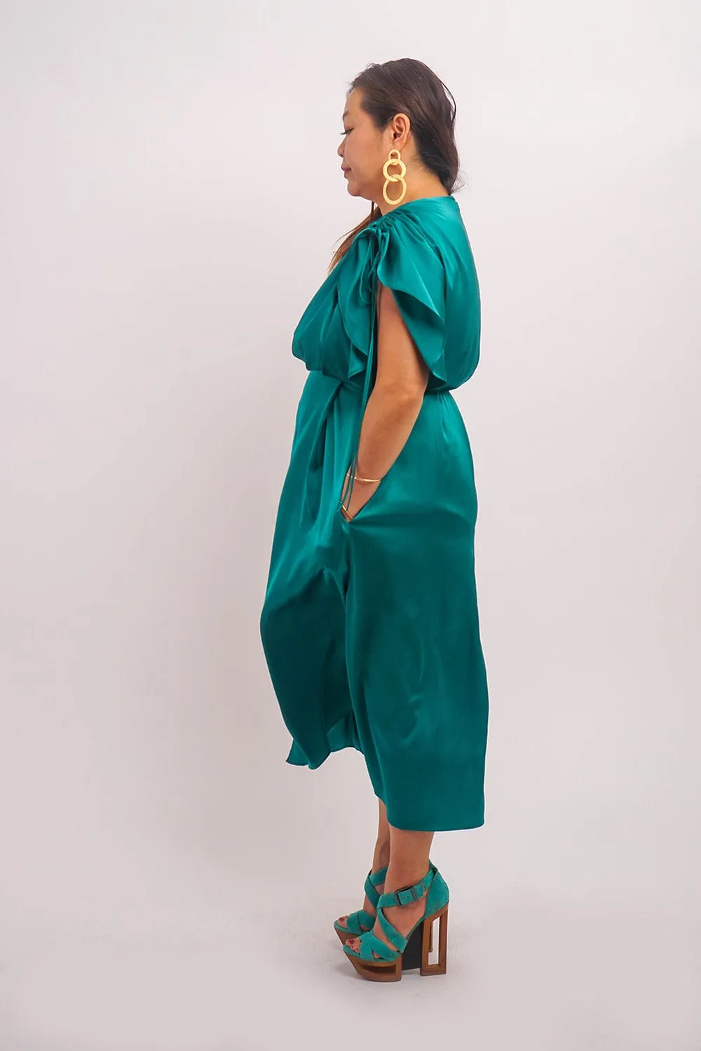 Hunter Green Satin Kasumi Midi Dress