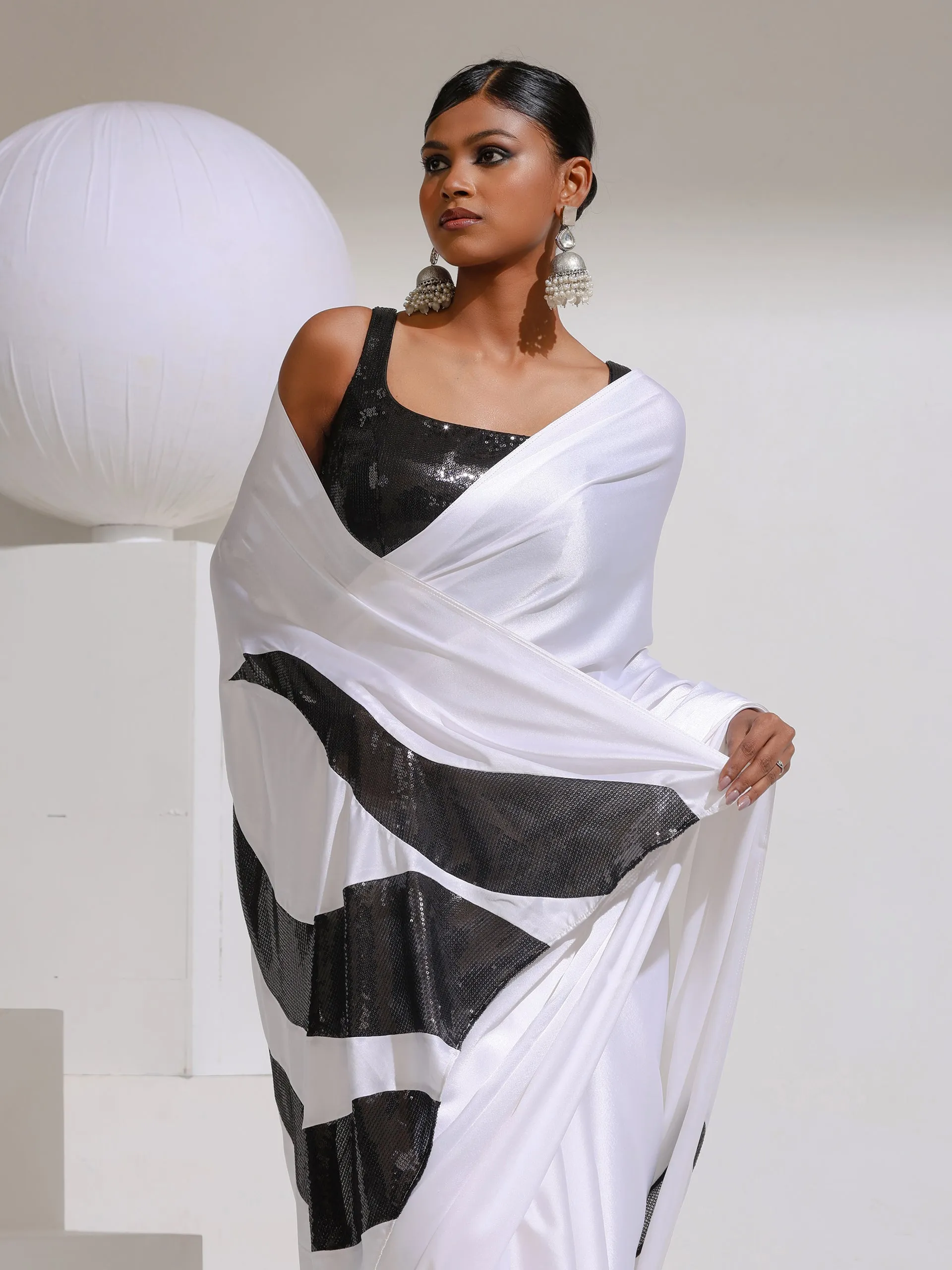 I choose Black and White satin saree