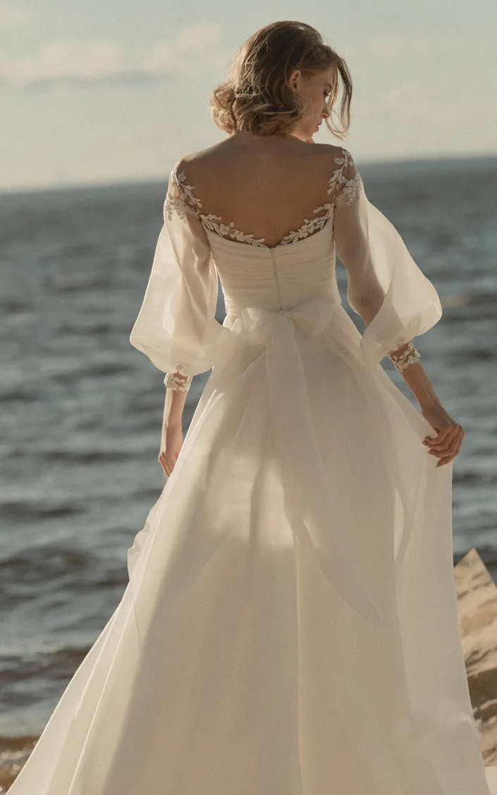 Informal 3/4 Length Poet Sleeves A-Line Organza Wedding Dress With Zipper Low-V Back-716440