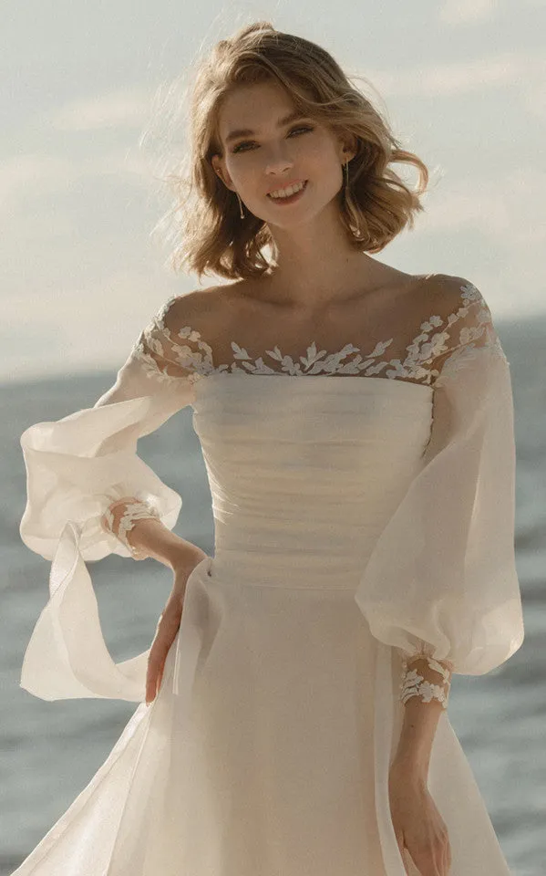 Informal 3/4 Length Poet Sleeves A-Line Organza Wedding Dress With Zipper Low-V Back-716440