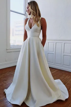 Ivory Satin A-line V-neck Wedding Dresses with Pockets, Bridal Gowns, MW680