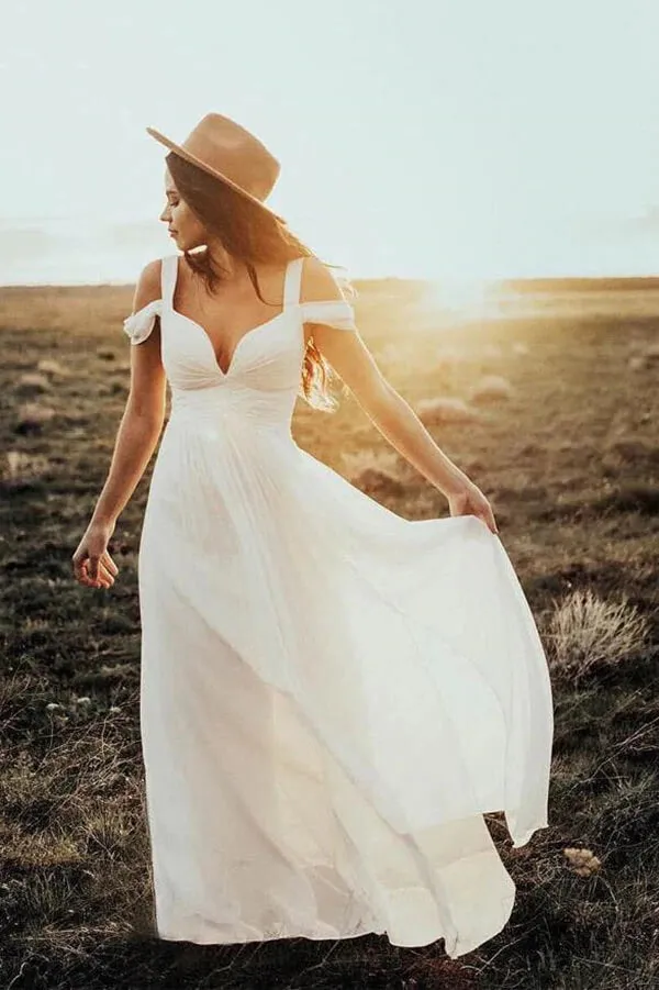 Ivory Vintage Chiffon A-line Floor Length Wedding Dresses, Bridal Gowns, MW671
