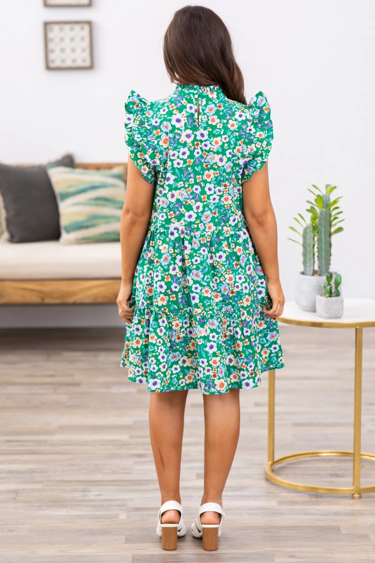 Jade Multicolor Flutter Sleeve Floral Dress