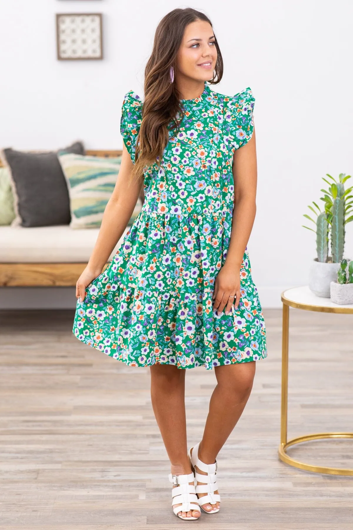 Jade Multicolor Flutter Sleeve Floral Dress