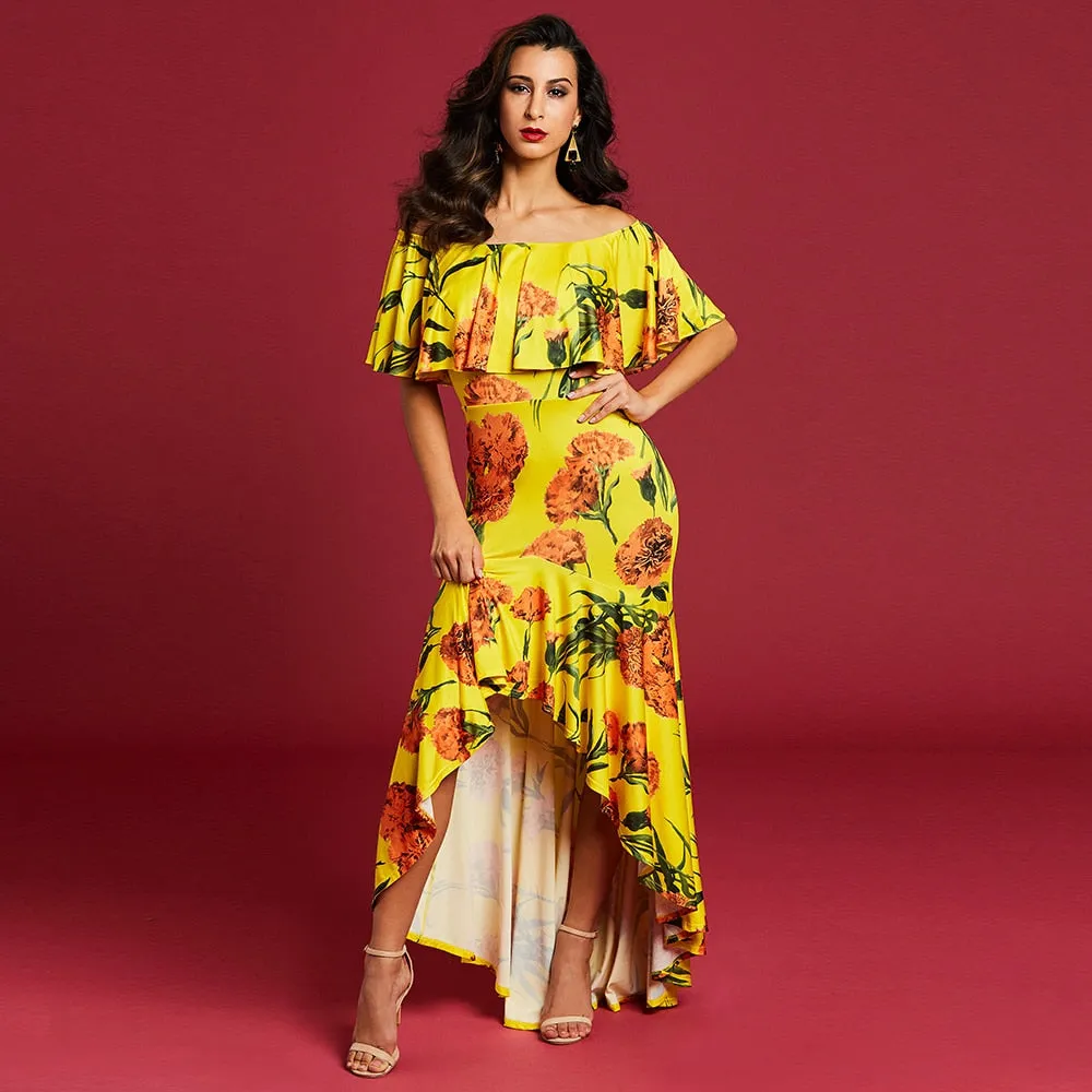 Jill Dillon Yellow Asymmetrical Ruffle Mullet Dress