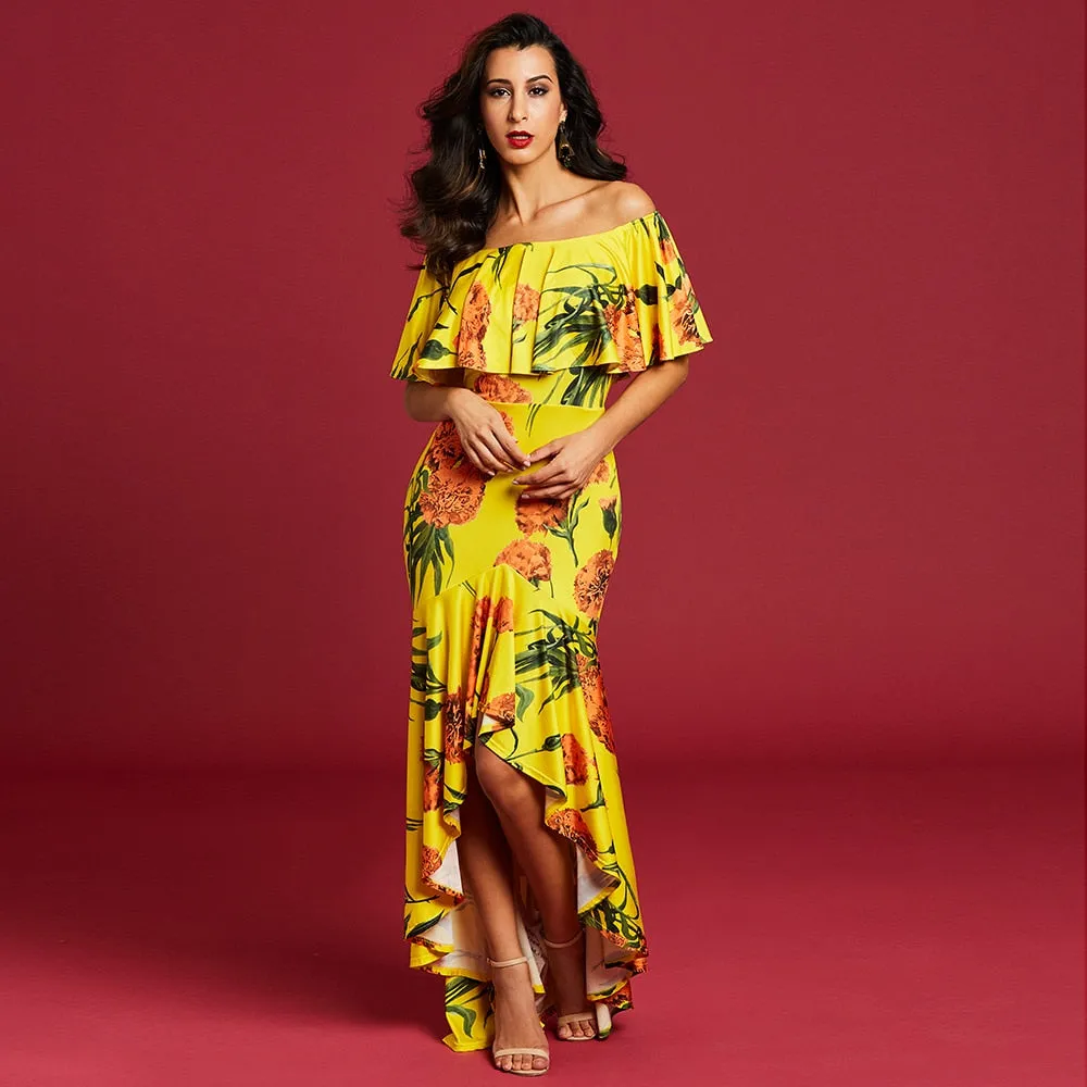 Jill Dillon Yellow Asymmetrical Ruffle Mullet Dress