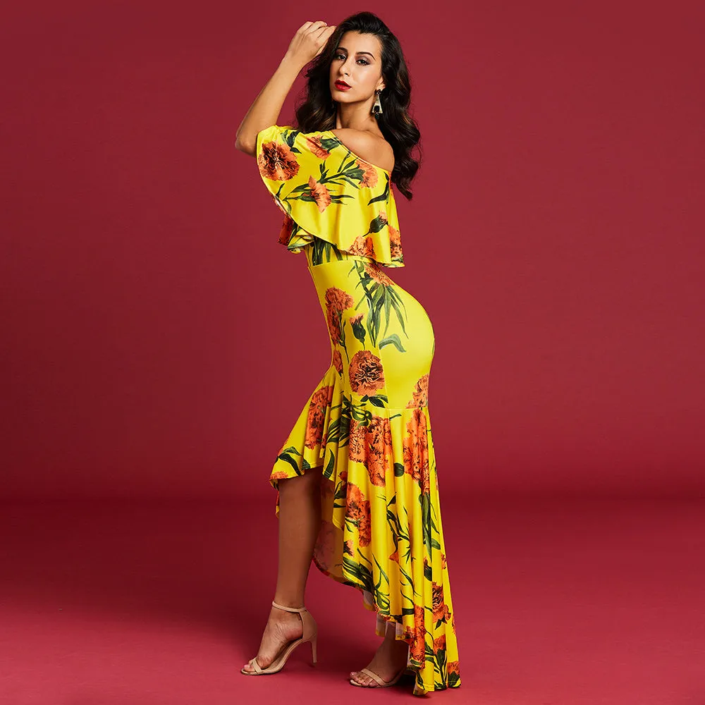 Jill Dillon Yellow Asymmetrical Ruffle Mullet Dress