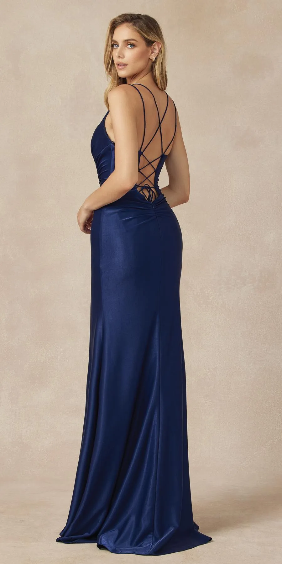 Juliet 284 Long Ruched Bodice Mermaid Evening Gown with Slit
