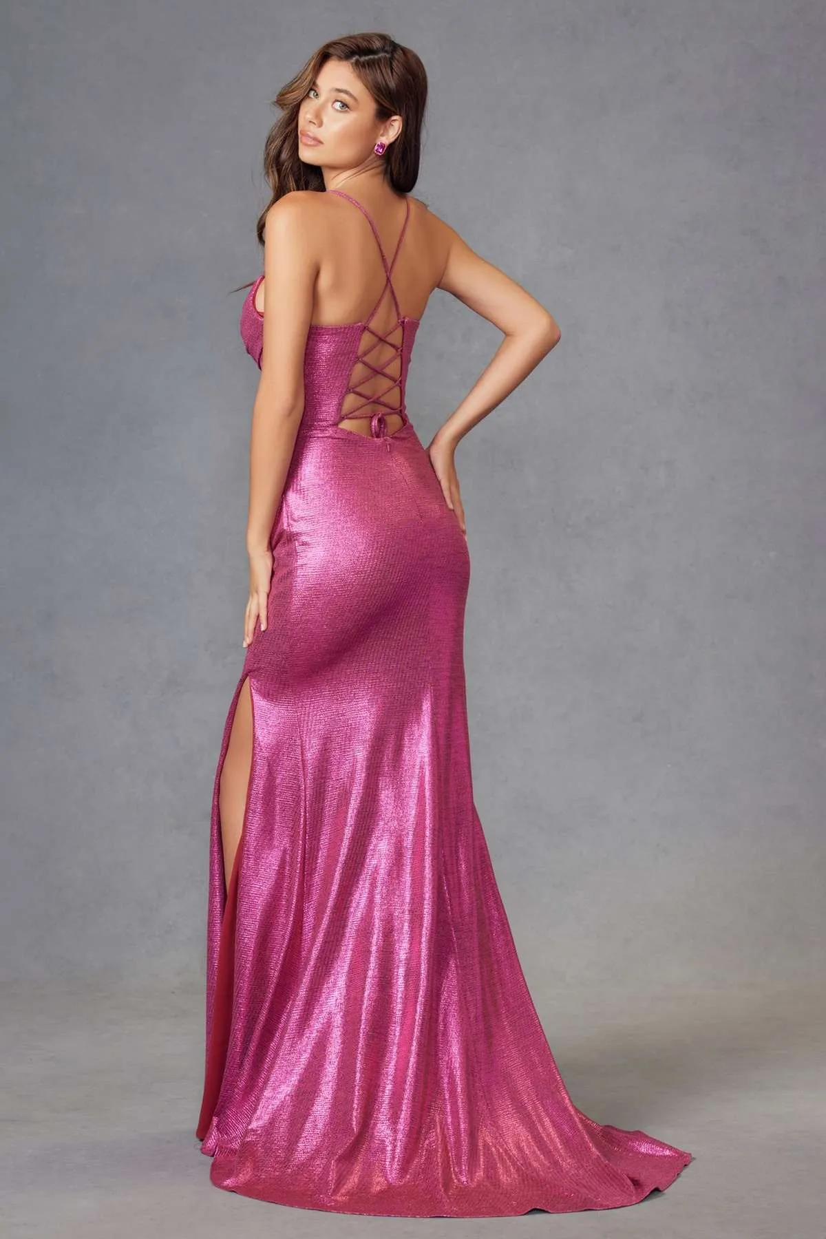 Juliet JT2494S Dress Sleeveless Metallic Fitted Evening Gown