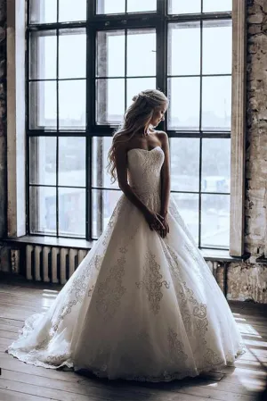 Lace A-line Sweetheart Strapless Wedding Dress, Sweep Train Bridal Dresses, MW546