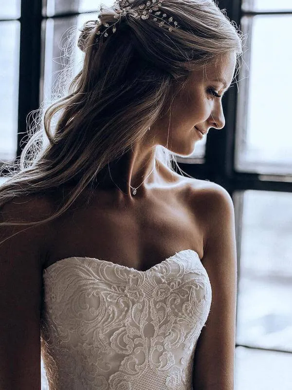 Lace A-line Sweetheart Strapless Wedding Dress, Sweep Train Bridal Dresses, MW546