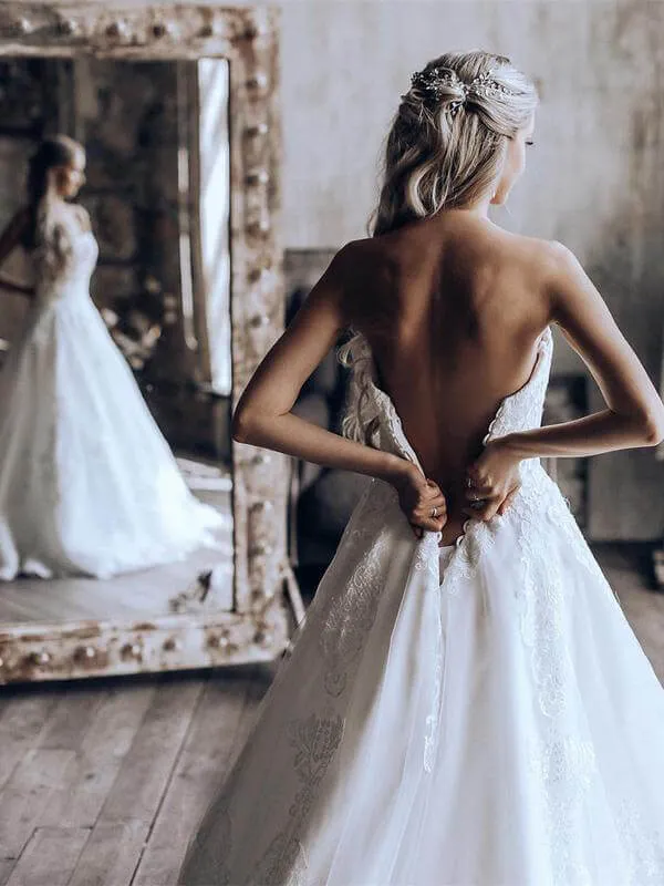 Lace A-line Sweetheart Strapless Wedding Dress, Sweep Train Bridal Dresses, MW546