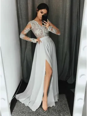 lace appliqué silver prom dresses long sleeve v neck elegant chiffon cheap senior formal dress prom gown