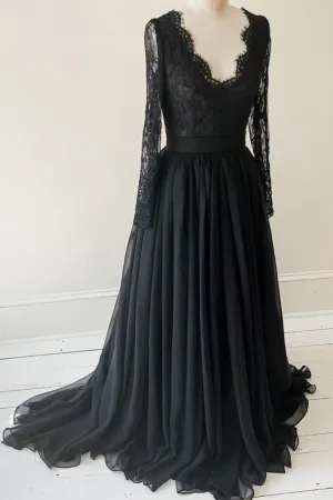 Lace Chiffon Black Long-sleeve Evening Dress with V-neck