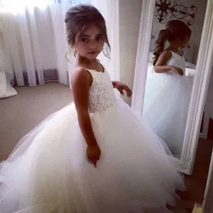Lace Embroidery Sheer Sleeveless Flower Dress Kids Trailing Tutu Gowns