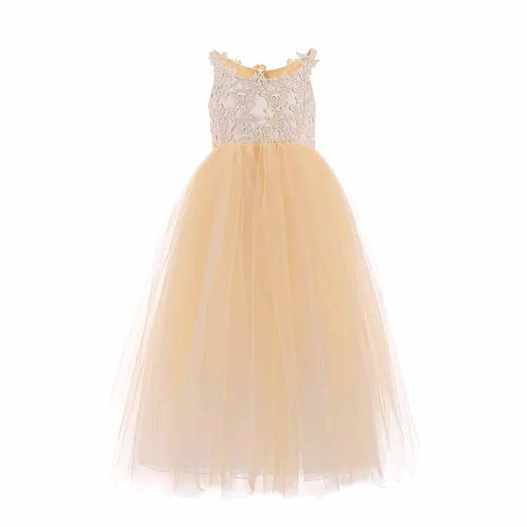 Lace Embroidery Sheer Sleeveless Flower Dress Kids Trailing Tutu Gowns