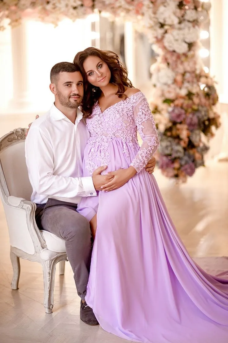Lace Long Sleeves Pregnant Baby Shower Dresses with Split Side