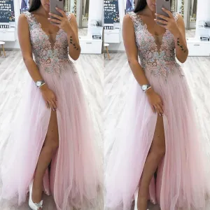lace prom dresses long v neck tulle beaded appliqué elegant pink prom gown vestido de Longo