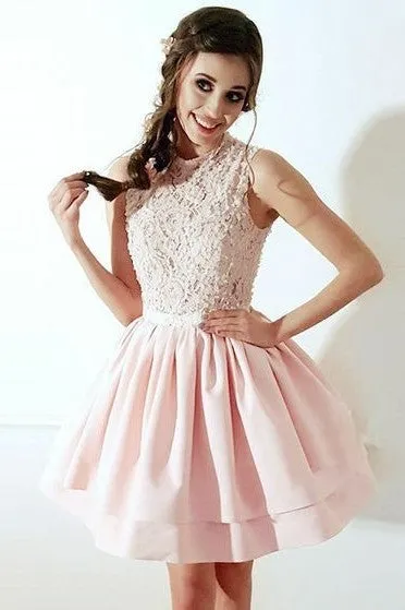 Lace Sleeveless Light-Pink Homecoming Gown with Layers Skirt