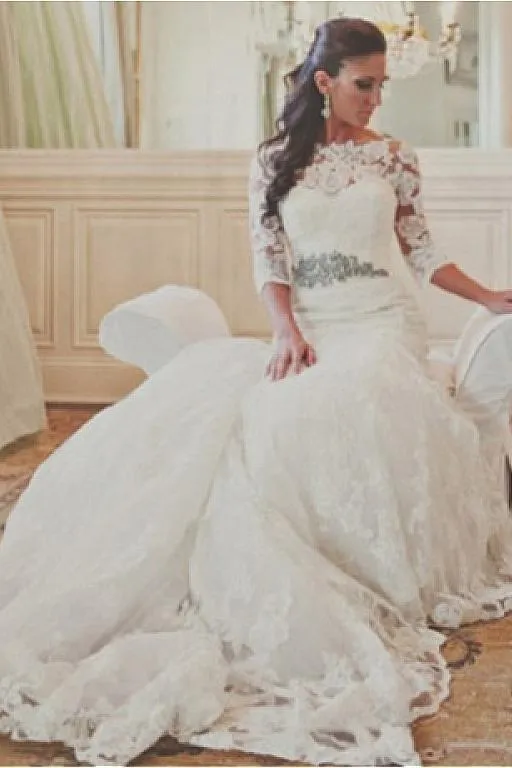 Lace Trumpet Bridal Dresses with Stones Sash vestido de boda