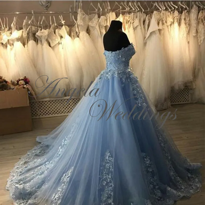 Lace Tulle Prom Dresses with Flowers Sky Blue Pageant Gown