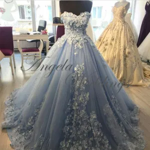 Lace Tulle Prom Dresses with Flowers Sky Blue Pageant Gown